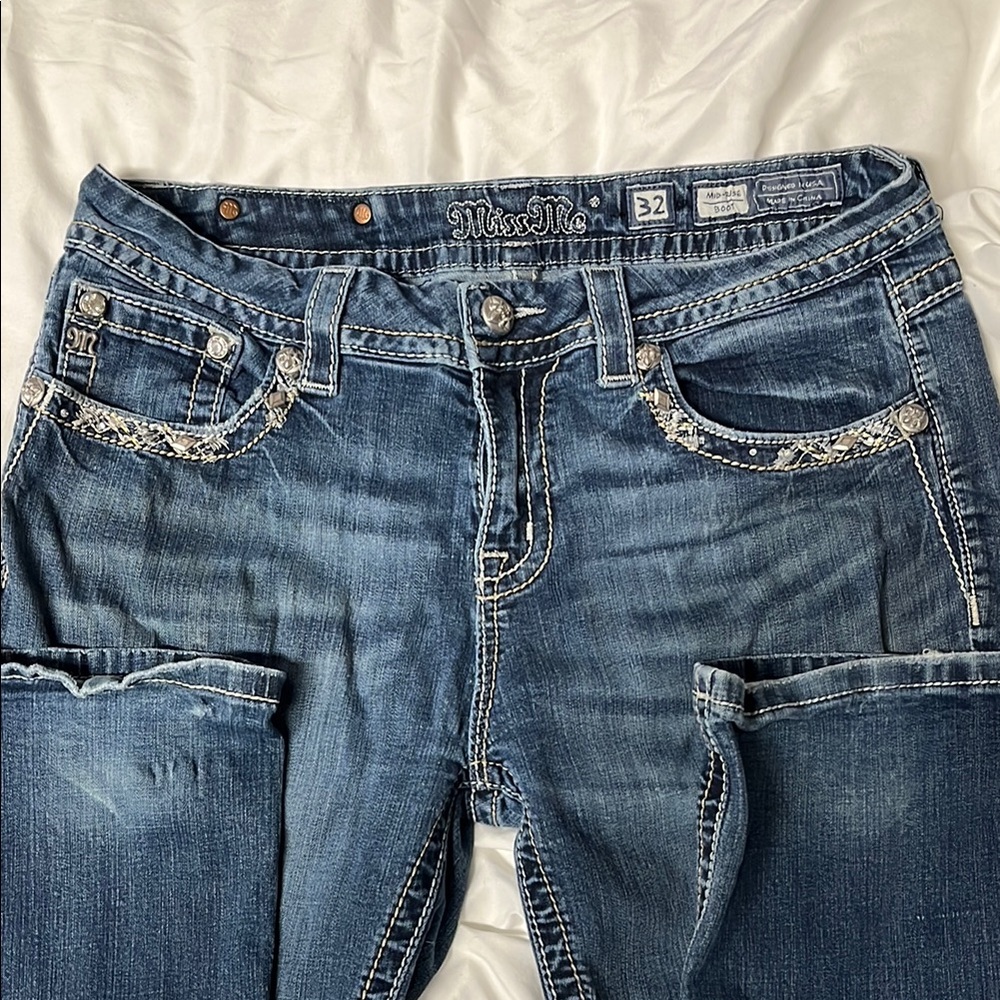 Miss Me Blue Boot Cut Jeans with Distressing